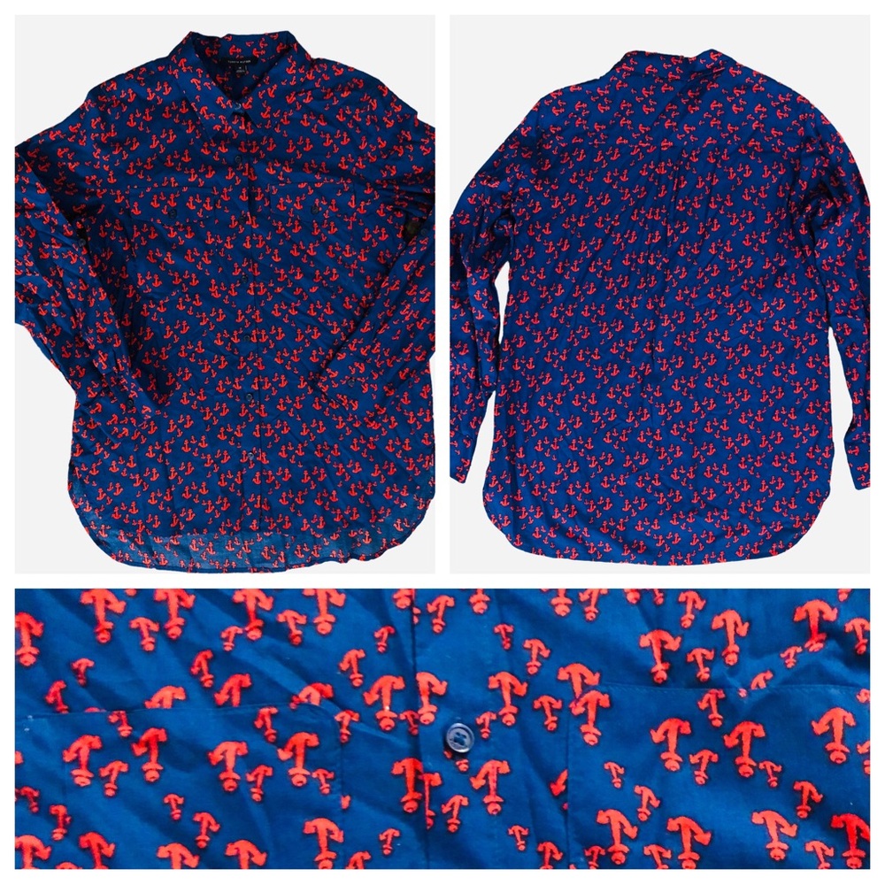 Tommy Hilfiger Anchor Print Button down long roll tab sleeves Top Size Medium